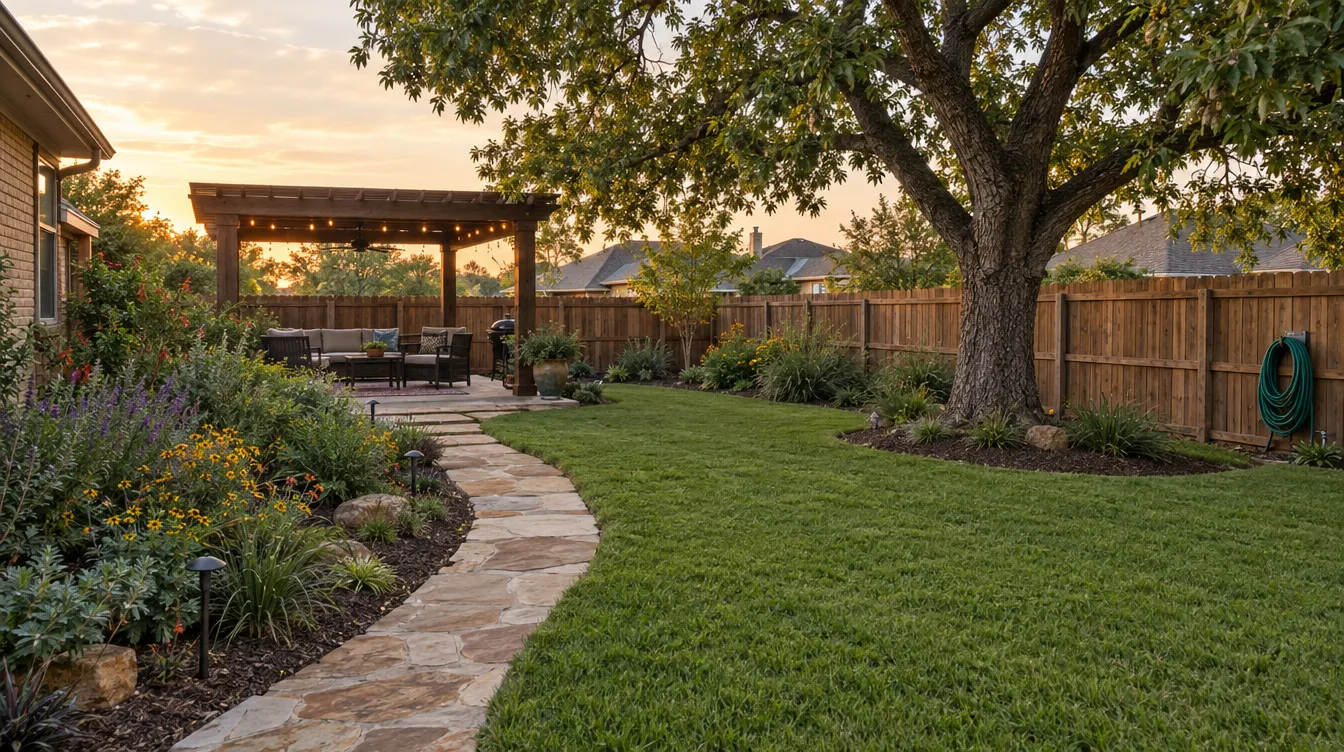 Backyard with fresh sod, a curved planting bed and a flagstone path to a pergola