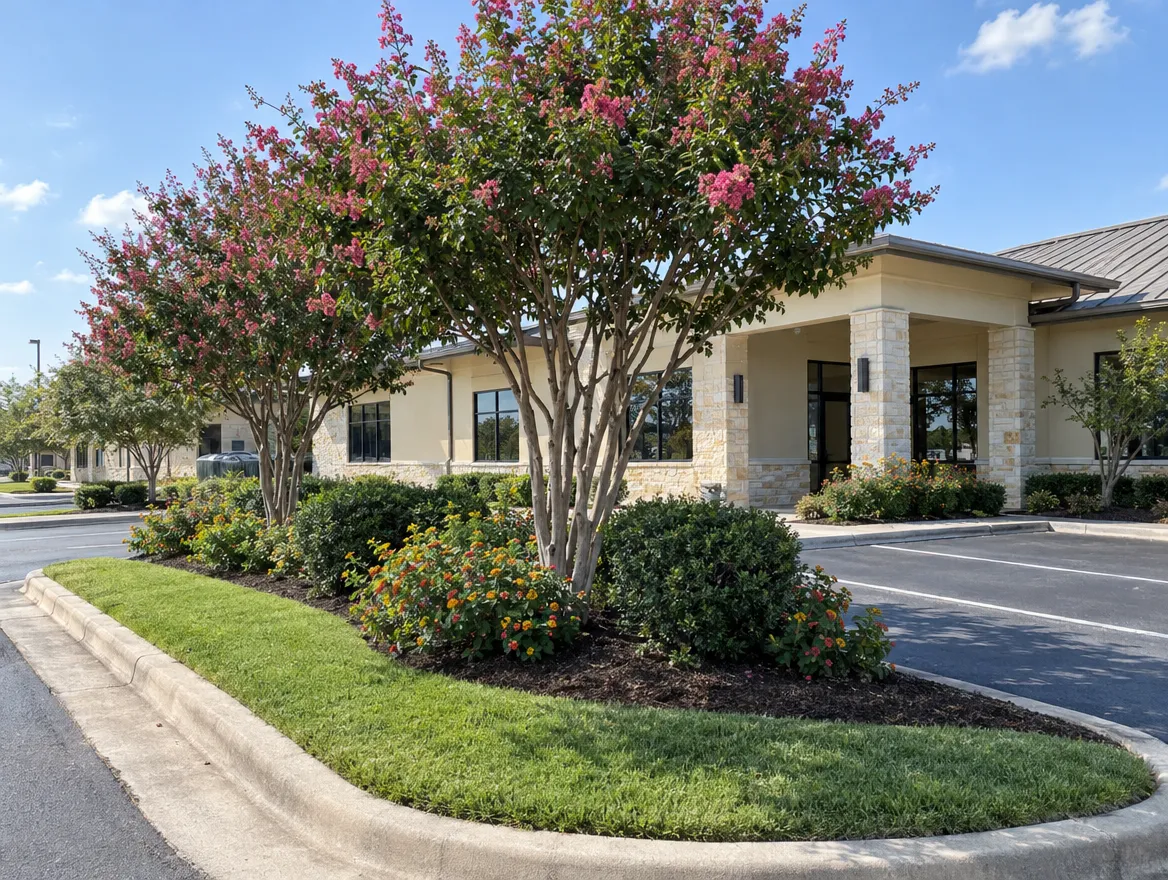 Maintained landscaping at a small office building with crape myrtles and edged turf