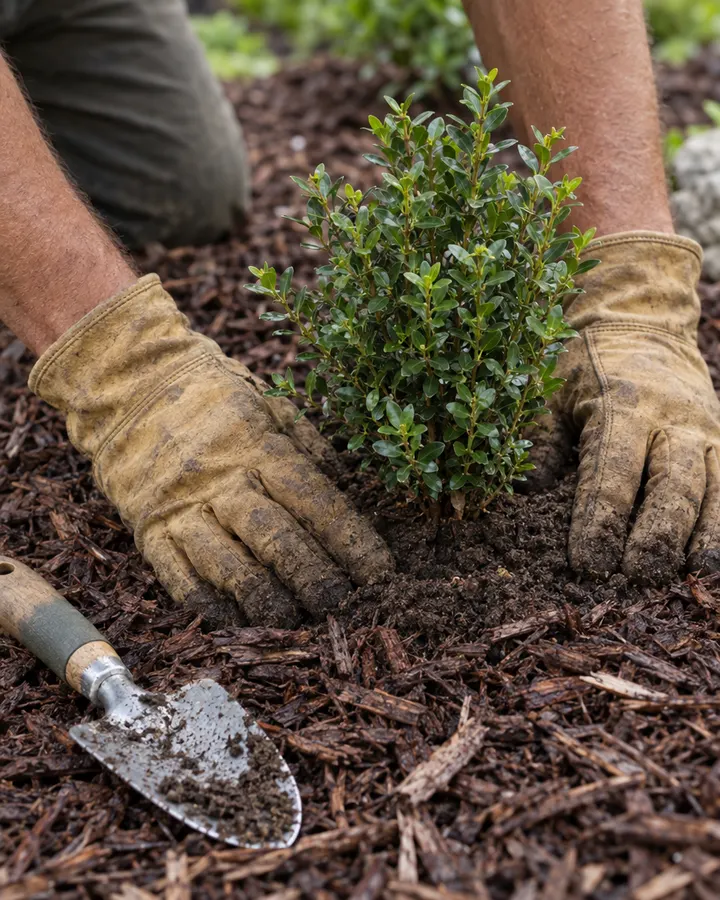 Landscaper's gloved hands planting a shrub in fresh mulch