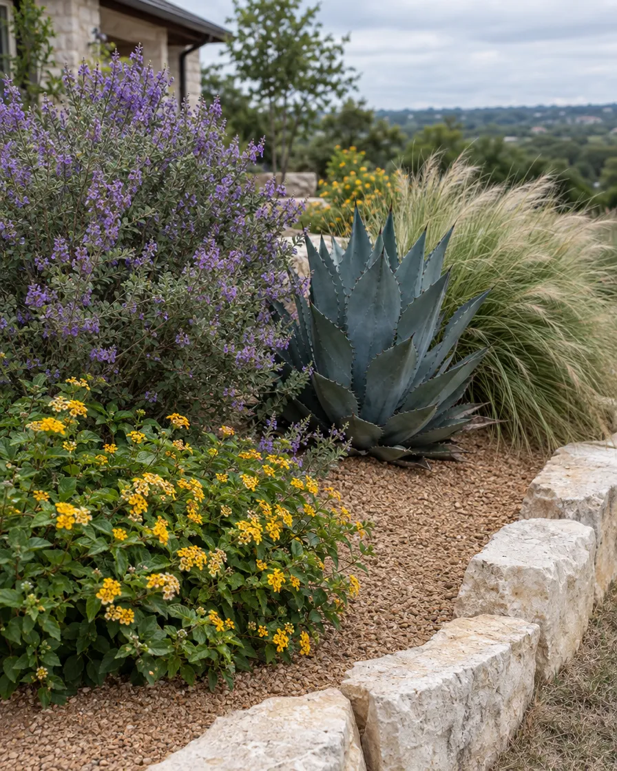Native Texas planting bed with purple sage, yellow lantana and a blue agave edged in limestone